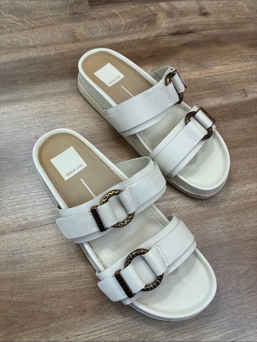 PERFECT FOR SUMMER ☀️Dolce Vita Cream Double-Strap Slide Sandals w/ Gold Buckles